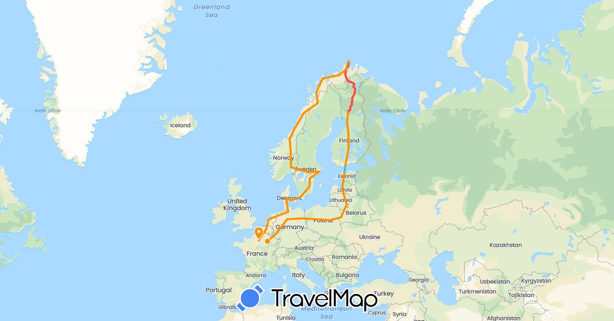 TravelMap itinerary: hiking, boat, hitchhiking in Belgium, Germany, Denmark, Estonia, Finland, France, Lithuania, Luxembourg, Latvia, Netherlands, Norway, Poland, Sweden (Europe)